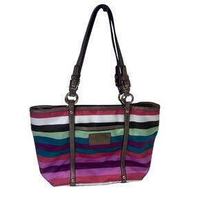 Coach Legacy Multicolored Striped Satin Tote Bag Leather Trim Pink Blue Green